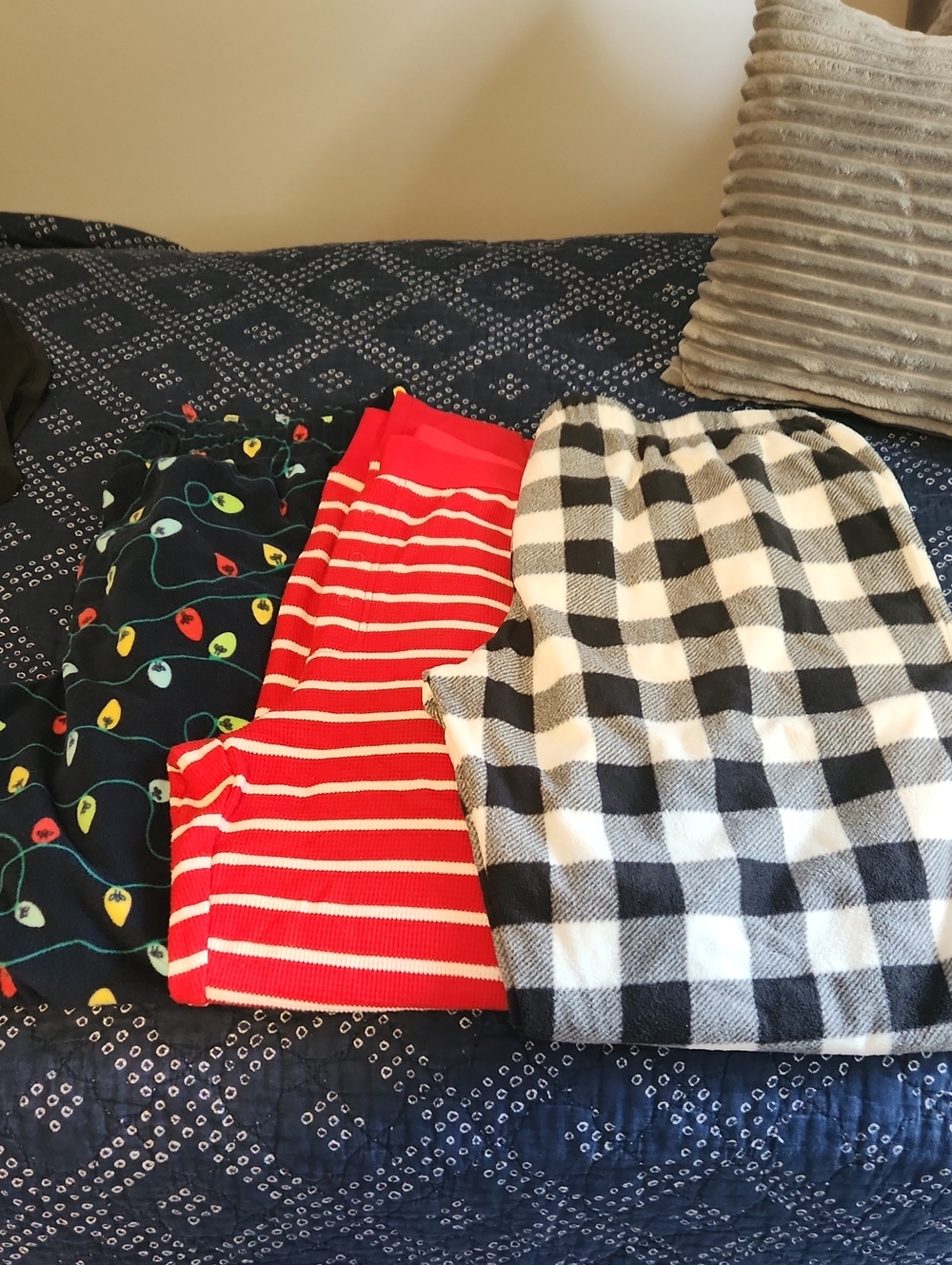 Mens Holiday Pajama Pants - Red Stripe, Black & White Buffalo, Navy with Lights